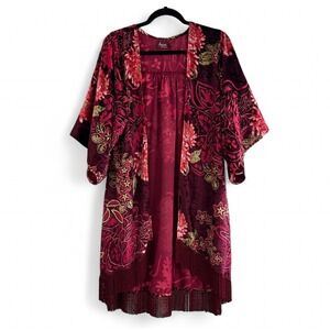 Avani Del Amour Burgundy Floral Velvet Kimono Tassel Cardigan Boho Festival S/M
